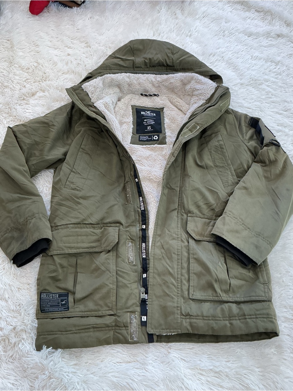 Hollister Women’s Olive Green Hooded Sherpa Parka Size XS